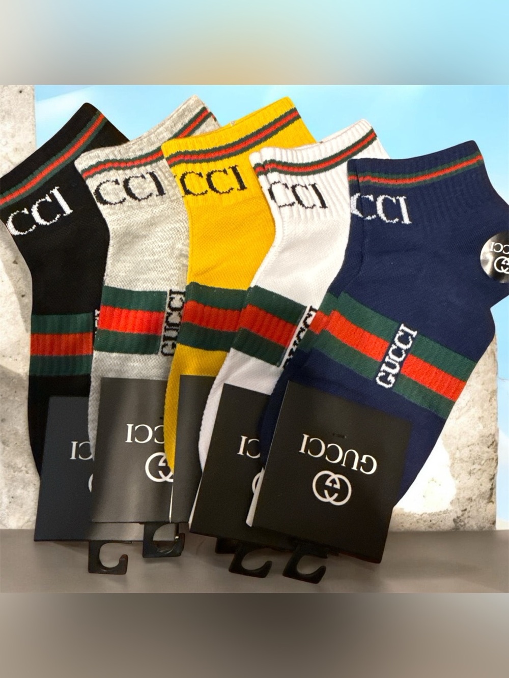 Unknown Multicolor Logo Stripe Ankle Socks - Black, Gray, Yellow, White, Navy